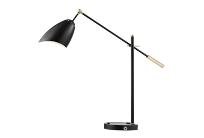 34 Inch Black + Gold Brass Modern Scoop Shade Task Desk Lamp With Outlet + Usb
