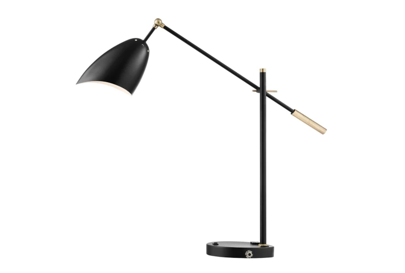 34 Inch Black + Gold Brass Modern Scoop Shade Task Desk Lamp With Outlet + Usb - 360