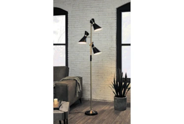 70 Inch Black + Brass Metal Angular 3-Lite Shade Task Floor Lamp