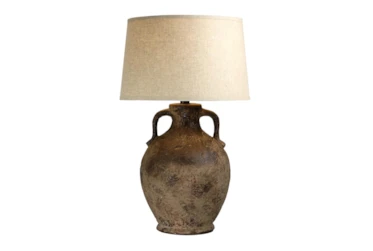 31 Inch Patinaed Brown Adobe Handled Amphora Vase Table Lamp With Drum Shade