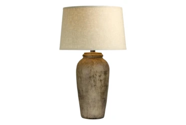 31 Inch Tall Patinaed Brown Bottle Table Lamp With Tapered Drum Shade