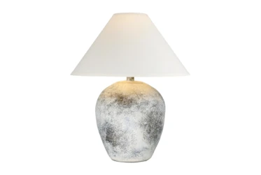 27 Inch White Washed Patinaed Wide Urn Table Lamp With Empire Shade