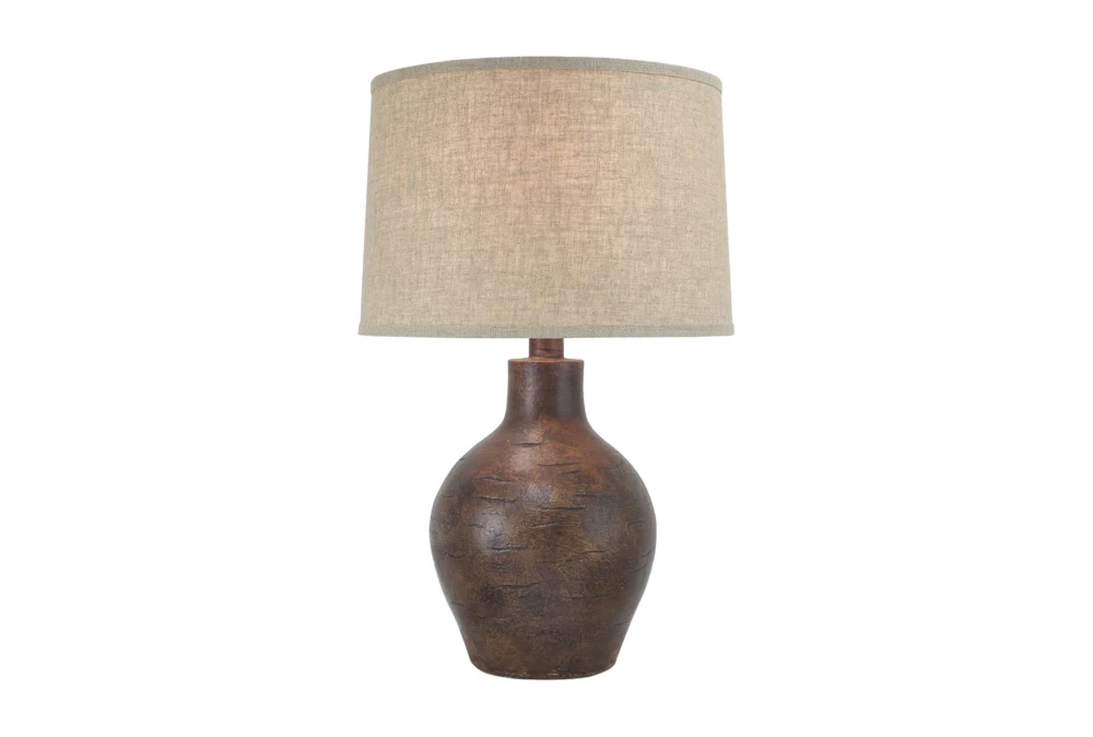 24 Inch Patinaed Brown Spherical Table Lamp With Drum Shade