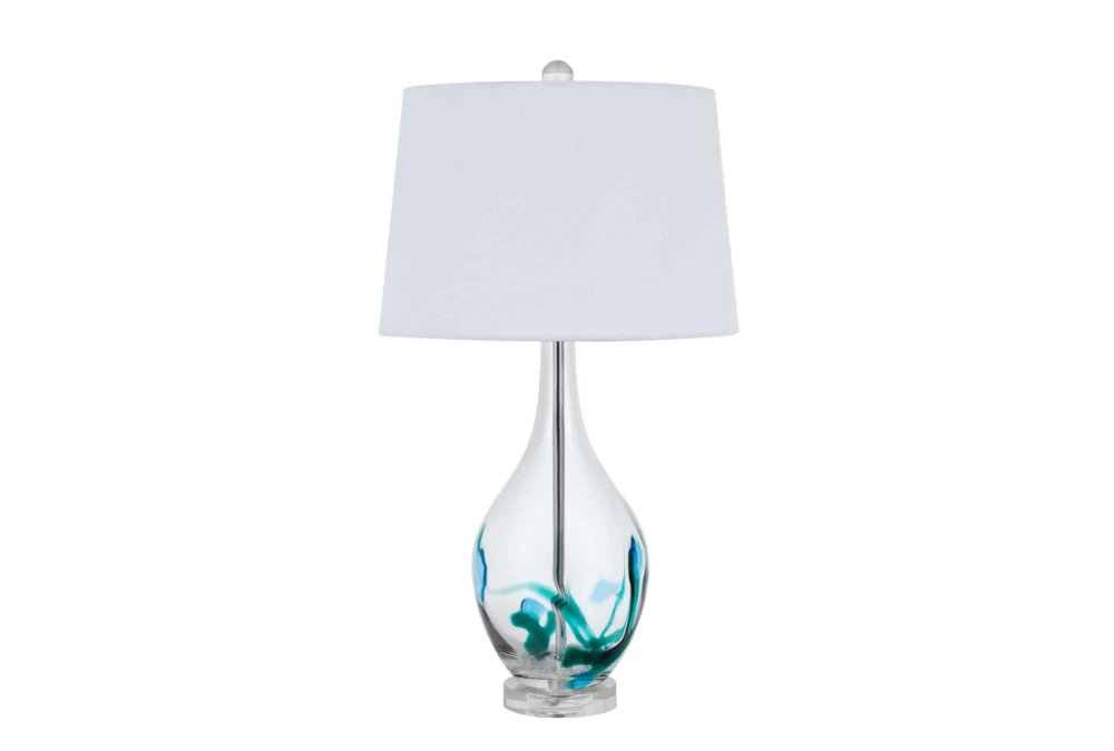 27 Inch Clear + Blue Hand Blown Art Glass Table Lamp With 3 Way Switch