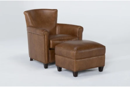 Theodore Honey Leather Chair And, Club Chair And Ottoman Set
