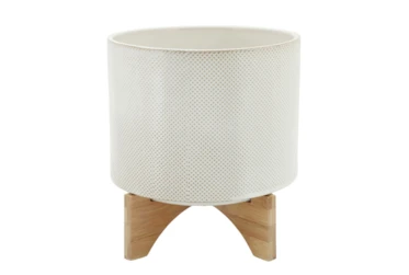 11 Inch White and Tan Dot Ceramic Planter On Stand