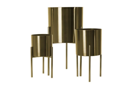 Gold Set Of Three Metal Planters On Stand