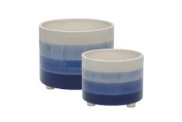 10 Inch and 12 Inch Blue Mix Ceramic Footed Planter Set of 2