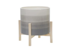 12 Inch Beige Ceramic Planter With Wood Stand