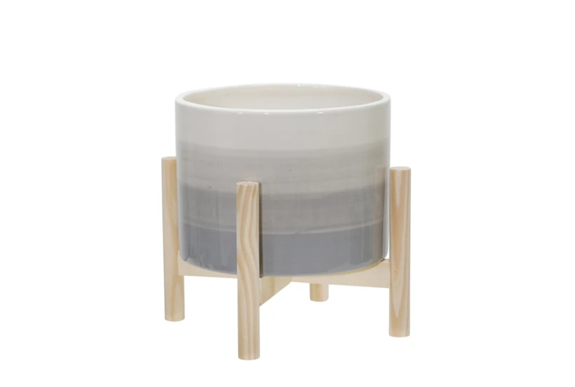 8 Inch Beige Ceramic Planter With Wood Stand - 360