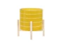12 Inch Yellow Ceramic Striped Planter W/ Wood Stand - Detail
