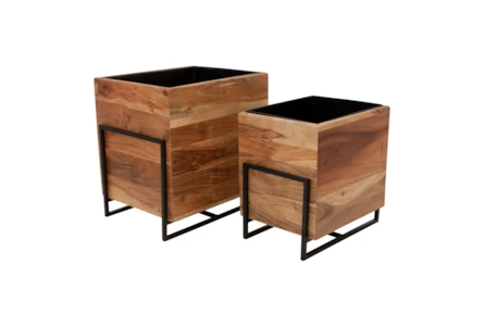7 Inch & 10 Inch Square Planters Wood And Metal Set Of 2