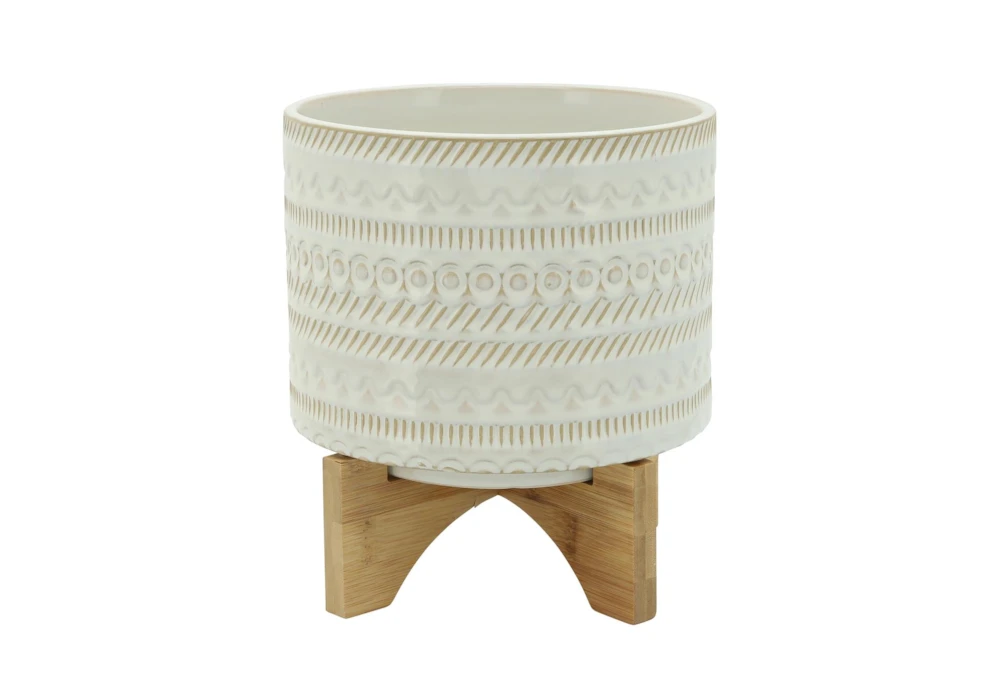 8 Inch Beige Tribal Planter With Wood Stand
