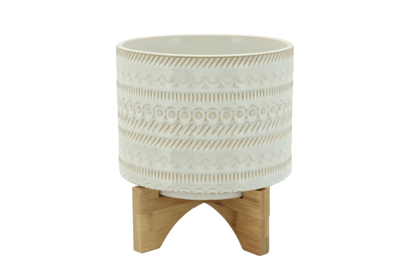 8 Inch Beige Tribal Planter With Wood Stand - 360