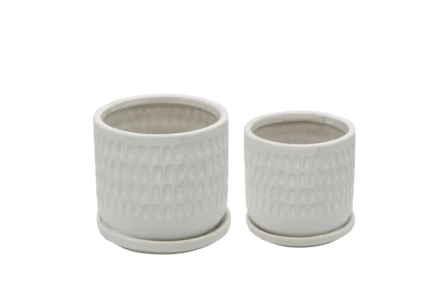 5 Inch and 6 Inch White Hammered Planters With Saucer Set Of 2
