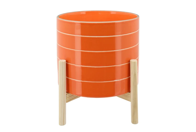 10 Inch Orange Striped Planter W/ Wood Stand - 360