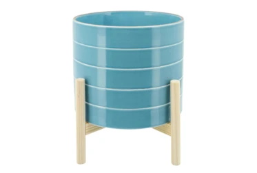 10 Inch Skyblue Striped Planter W/ Wood Stand