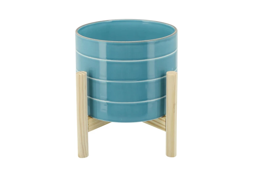 8 Inch Skyblue Striped Planter W/ Wood Stand - 360
