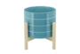 8 Inch Skyblue Striped Planter W/ Wood Stand - Signature