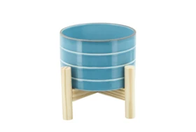 6 Inch Skyblue Striped Planter W/ Wood Stand