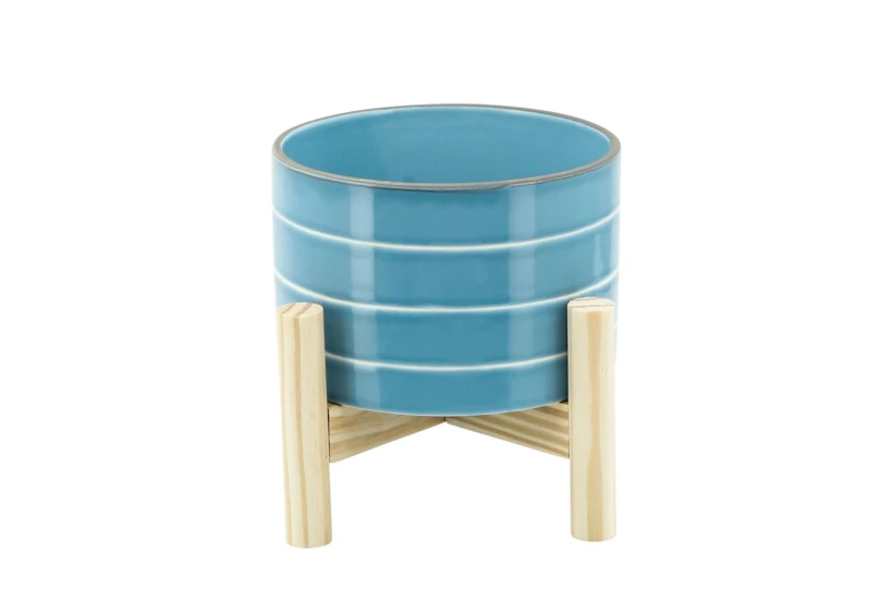 6 Inch Skyblue Striped Planter W/ Wood Stand - 360