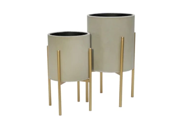 Gray/Gold Set Of Two Planter On Metal Stand