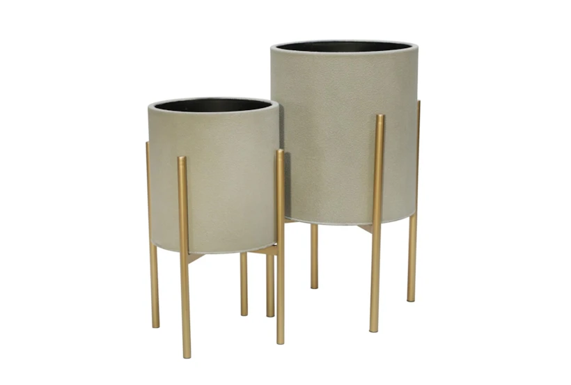 Gray/Gold Set Of Two Planter On Metal Stand  - 360