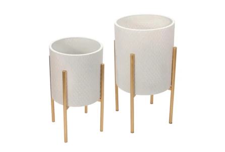 White/Gold Set of Two Textured Planter on Metal Stand
