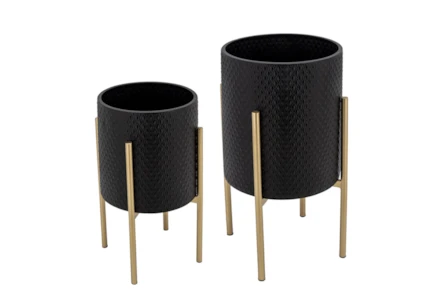 Black/Gold Set of Two Textured Planter on Metal Stand