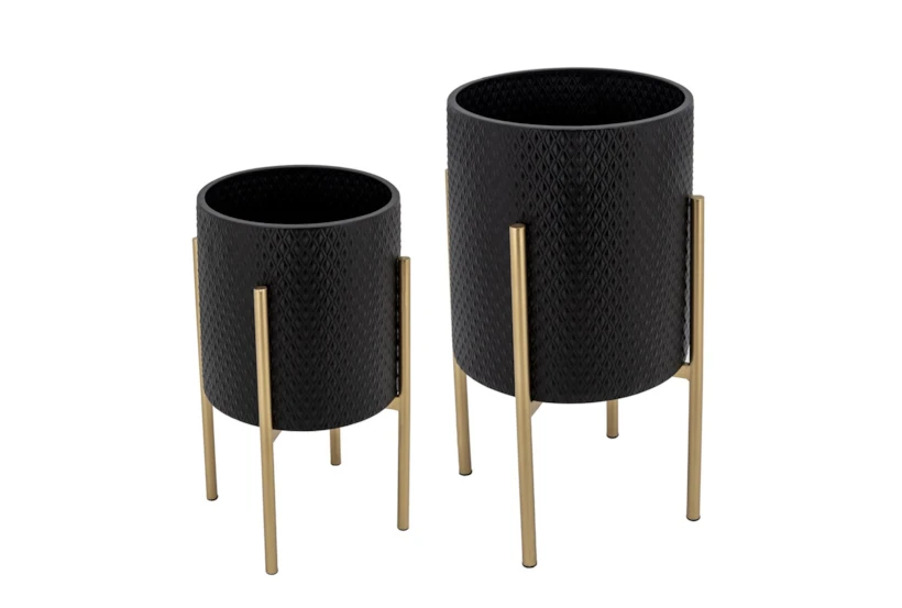 Black/Gold Set of Two Textured Planter on Metal Stand - 360