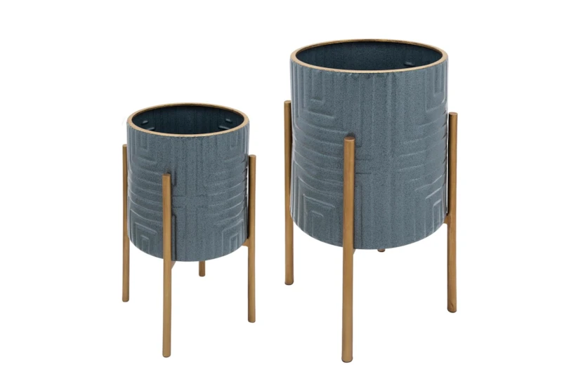 Slate Blue/Gold Set Of Two Planters On Metal Stand  - 360