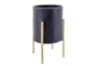 Navy/Gold Set Of Two Textured Planter On Metal Stand  - Detail