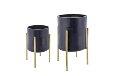 Navy/Gold Set Of Two Textured Planter On Metal Stand
