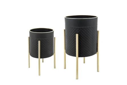 Black/Gold Set Of Two  Scales Planter On Metal Stand