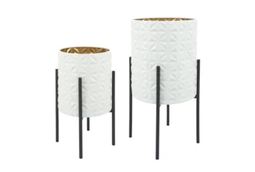 White/Gold/Black Set Of Two Aztec Planter On Metal Stand