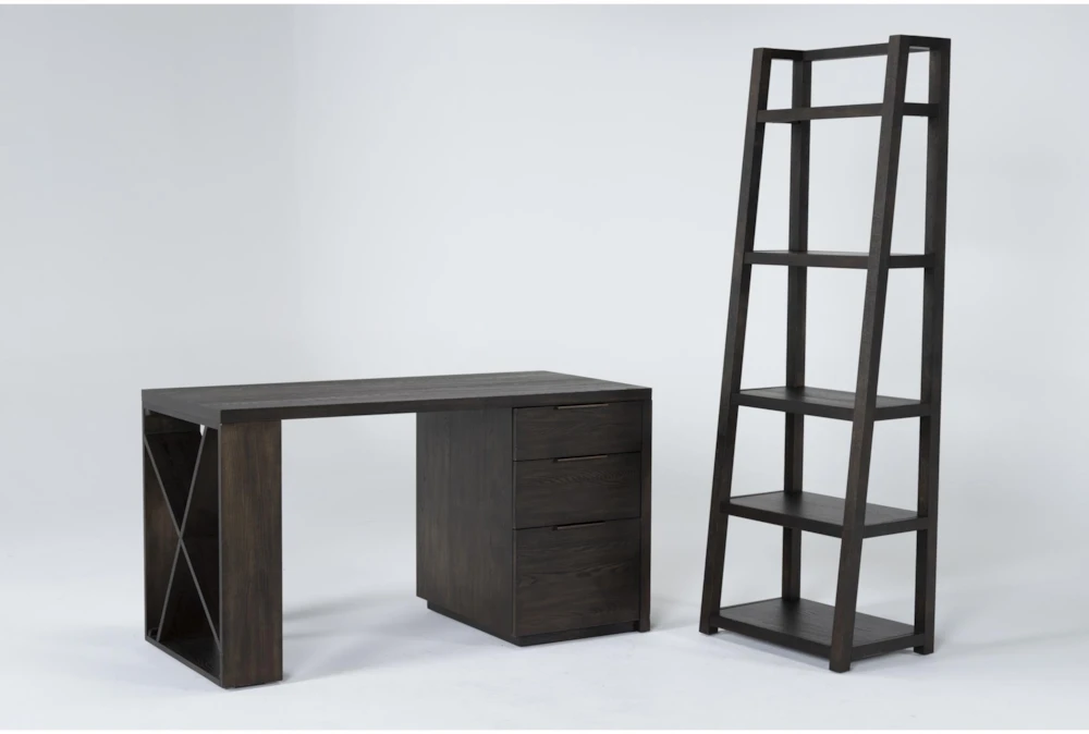 Pierce Espresso 2 Piece Office Set With Pedestal Desk + Leaning Bookcase