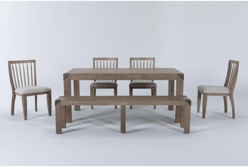 Luis 72-90" Extendable Dining With Bench + Wood Back Chair Set For 6 - 360