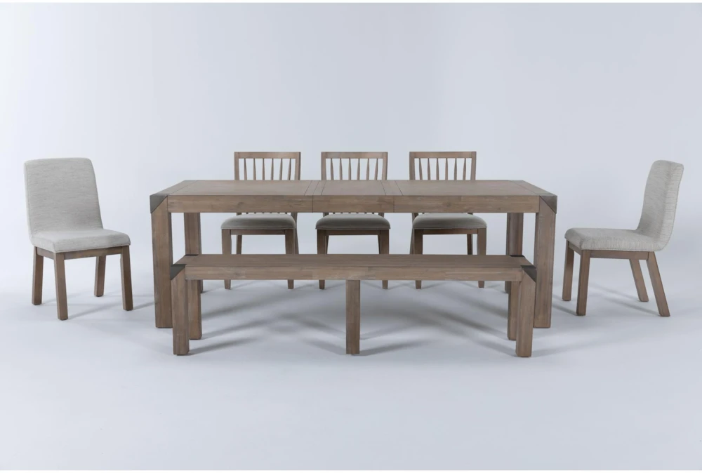 Luis Dining With Bench, Wood Back And Upholstered Chairs Set For 6