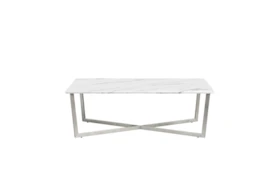 Liv White Faux Marble 48 Inch Rectangle Coffee Table With Brushed Stainless Steel Base
