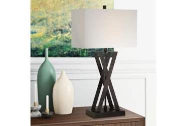 30 Inch Dark Bronze/Linen Fabric Table Lamp With USB & Outlet