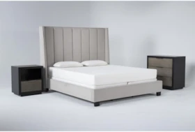Topanga Grey 3 Piece California King Velvet Upholstered Bed Set With Bayliss Bachelors Chest + Open Nightstand