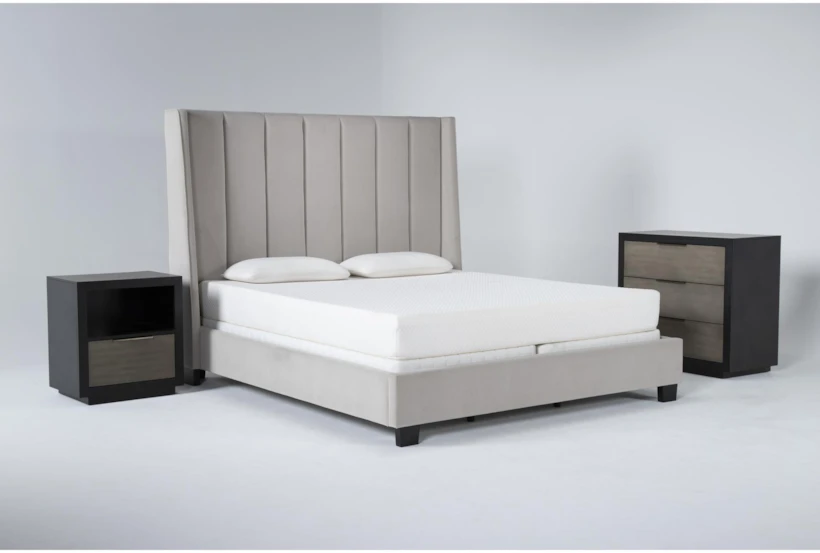 Topanga Grey 3 Piece California King Velvet Upholstered Bed Set With Bayliss Bachelors Chest + Open Nightstand - 360