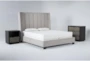 Topanga Grey 3 Piece California King Velvet Upholstered Bed Set With Bayliss Bachelors Chest + Open Nightstand - Signature