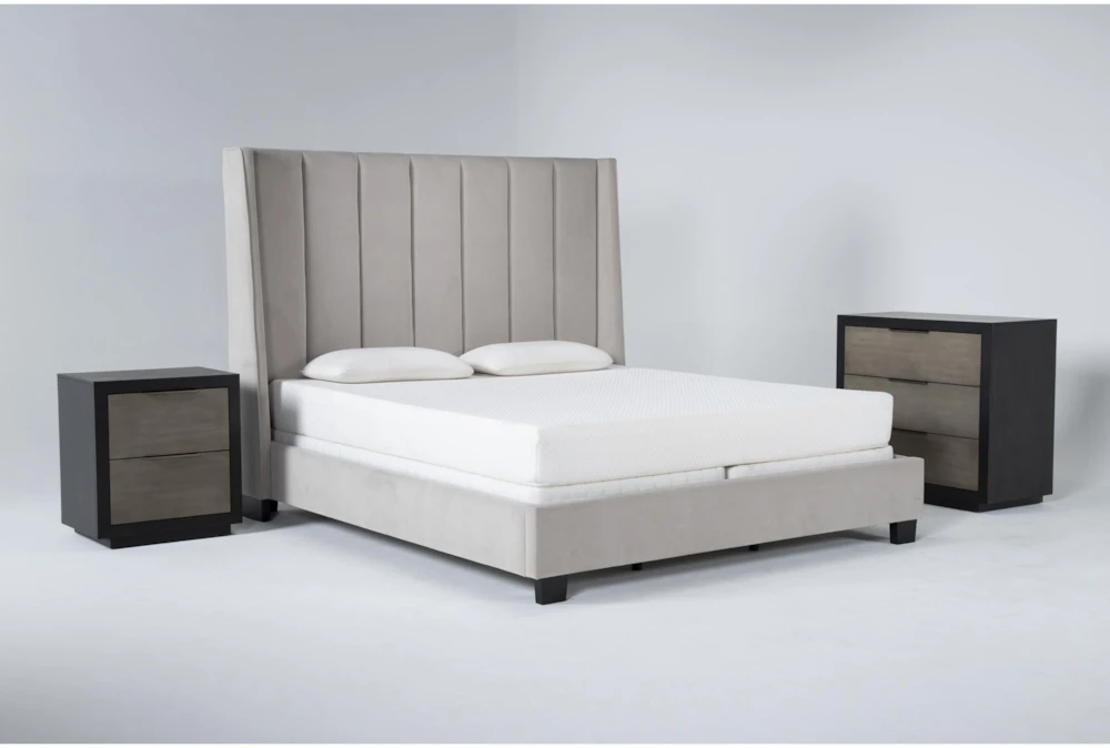 Topanga Grey California King Velvet Upholstered 3 Piece Bedroom Set With Bayliss Bachelors Chest + Nightstand