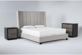 Topanga Grey 3 Piece California King Velvet Upholstered Bed Set With Bayliss Bachelors Chest + Nightstand