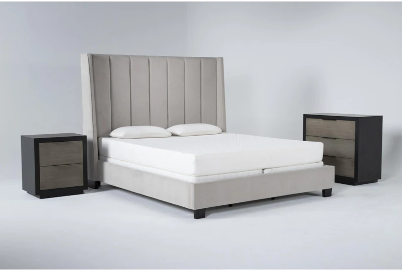 Topanga Grey 3 Piece California King Velvet Upholstered Bed Set With Bayliss Bachelors Chest + Nightstand - 360