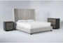 Topanga Grey California King Velvet Upholstered 3 Piece Bedroom Set With Bayliss Bachelors Chest + Nightstand - Signature