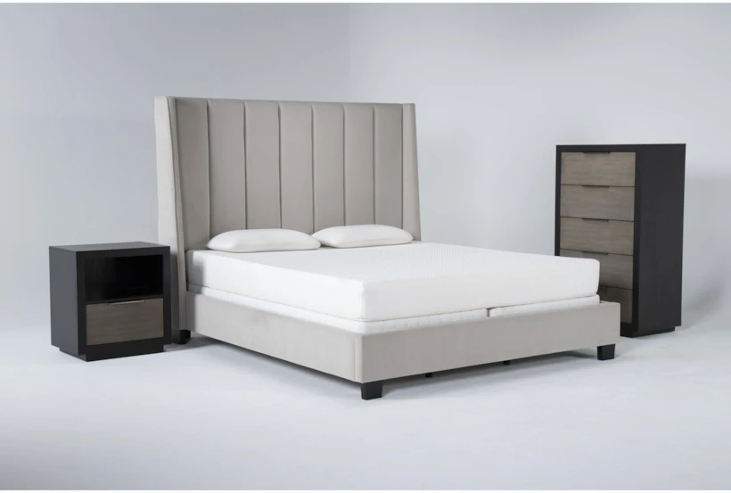 Topanga Grey 3 Piece California King Velvet Upholstered Bed Set With Bayliss Chest Of Drawers + Open Nightstand - 360