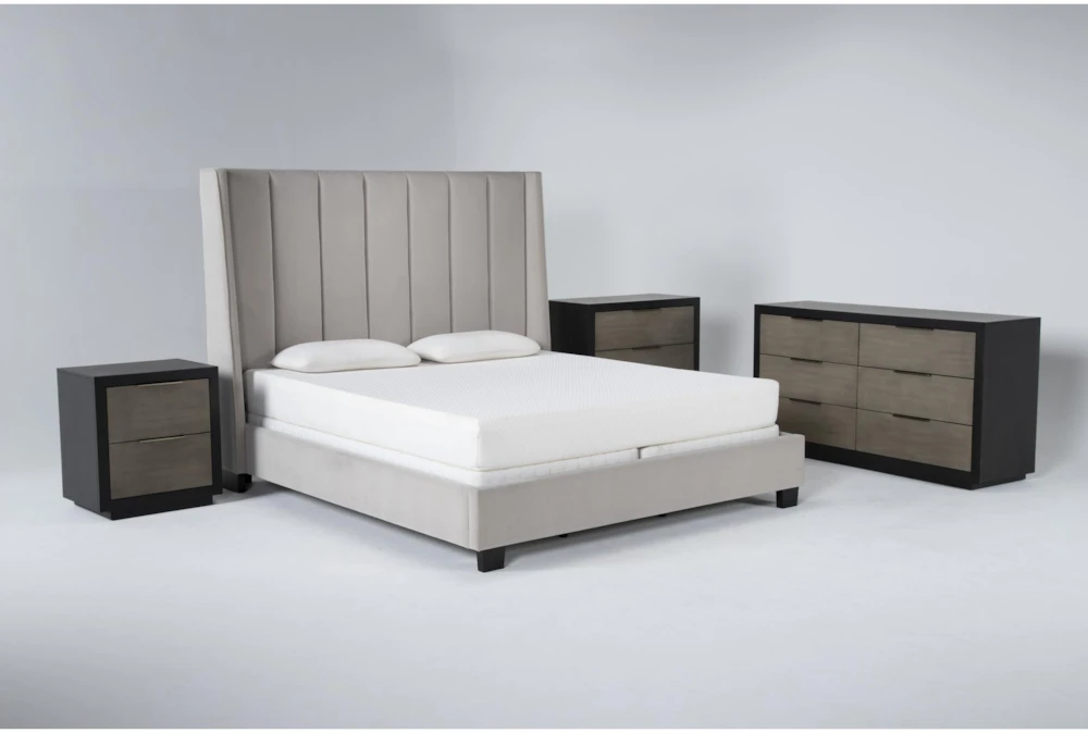 Topanga Grey 4 Piece California King Velvet Upholstered Bed Set With Bayliss Dresser, Bachelors Chest + Nightstand