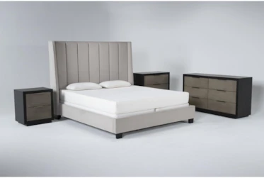 Topanga 4 Piece California King Velvet Upholstered Bed Set With Bayliss Dresser, Bachelors Chest + Nightstand